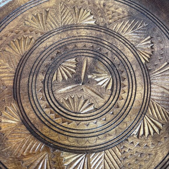 Hand Carved Decorative Wooden Shallow Bowl Folk Art Wall Decor Boho Bread Plate - Picture 2 of 10
